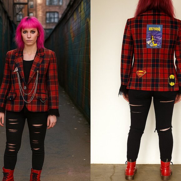 Punk Jacket Blazer Upcycled Boho Whimsigoth Plaid Academia Pendleton Reworked 10 - Picture 1 of 16